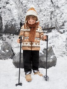 SHEIN 年轻男孩几何与卡通图案拉链连帽棉服外套