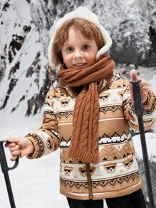 SHEIN 年轻男孩几何与卡通图案拉链连帽棉服外套