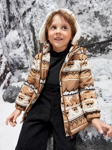 SHEIN 年轻男孩几何与卡通图案拉链连帽棉服外套