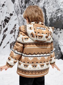 SHEIN 年轻男孩几何与卡通图案拉链连帽棉服外套