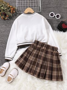 女孩字母圖案條紋飾邊運動衫和格紋印花百褶半身裙 - 彩色 - 查看 2