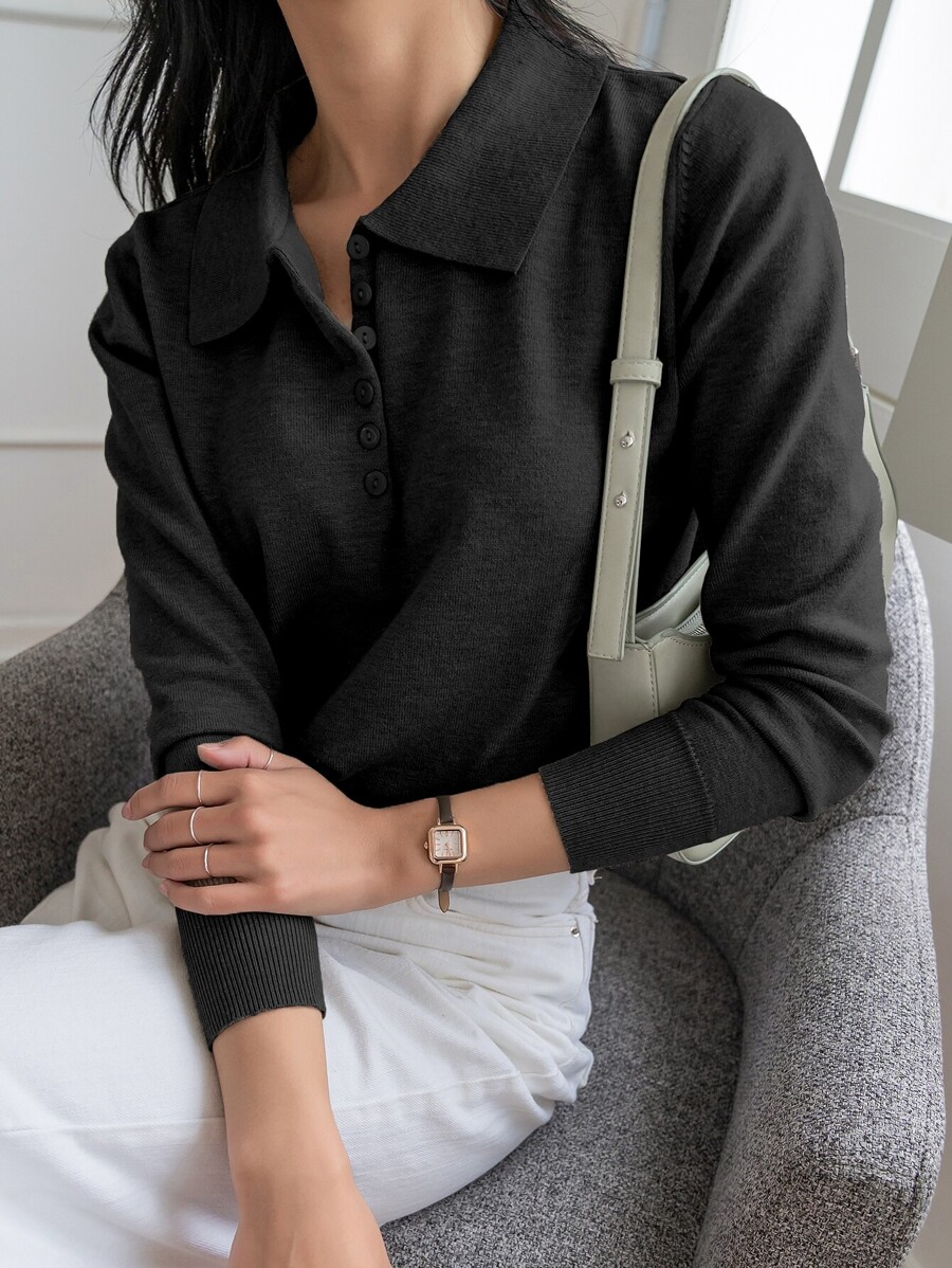 DAZY Polo Neck Ribbed Knit Jumper - Black - View 1