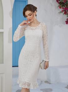 Ruffle Hem Lace Formal Dress - White - View 1