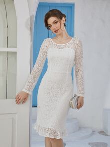Ruffle Hem Lace Formal Dress - White - View 6