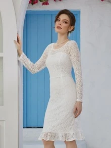 Ruffle Hem Lace Formal Dress - White - View 7