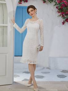 Ruffle Hem Lace Formal Dress - White - View 8