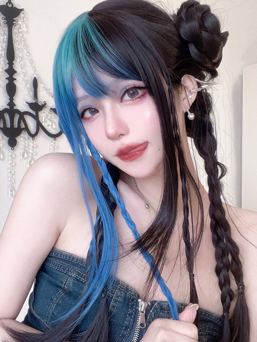 alicegarden 1 件合成耐热、长直发假发，多色假发，带刘海，28 英寸长，全机器编织日常自然逼真假发圣诞装饰新年 Y2k 圣诞装饰礼物闪购派对闪购特价（不包括配饰） - 彩色 - 查看 1