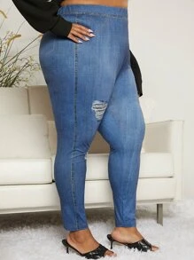SHEIN CURVE+ Leggings desgarro efecto denim con estampado - Azul - Ver 5