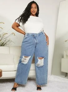 SHEIN CURVE+ Plus Stepped Waist Ripped Frayed Straight Leg Jeans - Light Wash - View 1