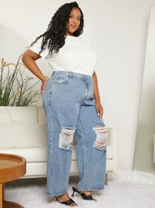SHEIN CURVE+ Plus Stepped Waist Ripped Frayed Straight Leg Jeans - Light Wash - View 3