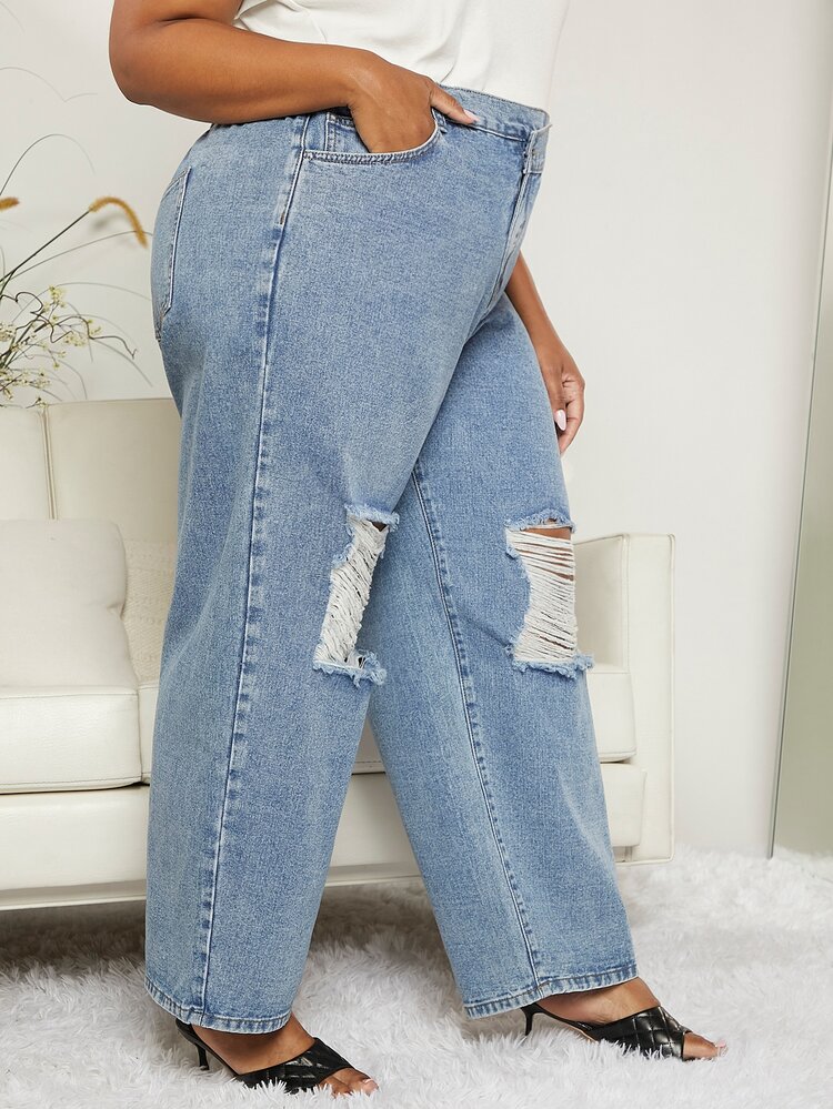 SHEIN CURVE+ 大碼階梯式腰破洞抽鬚直筒牛仔褲 - 淺色水洗藍 - 查看 4