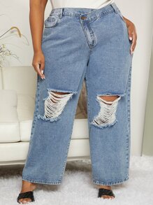 SHEIN CURVE+ Plus Stepped Waist Ripped Frayed Straight Leg Jeans - Light Wash - View 6