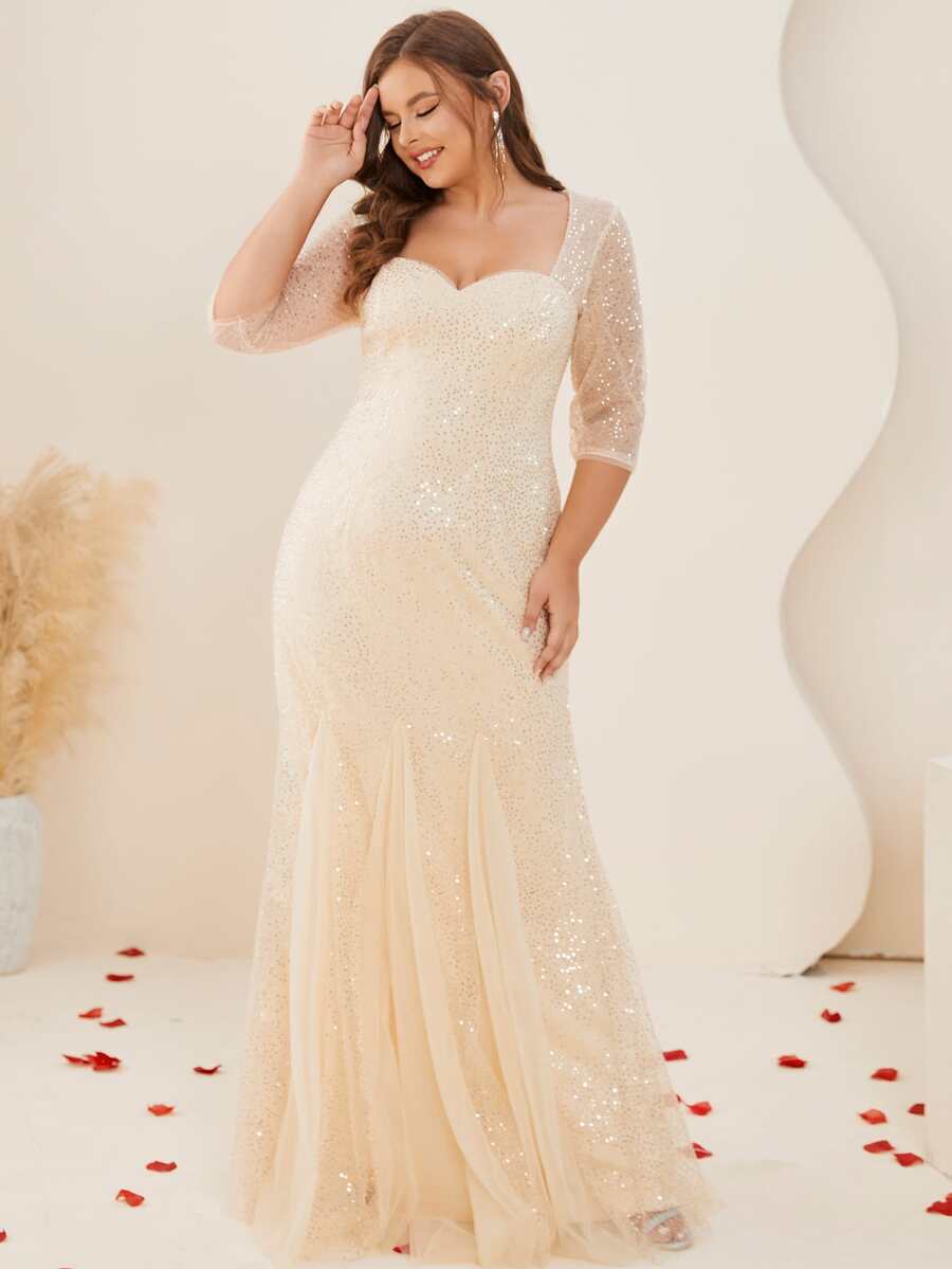 Plus Sweetheart Neck Mermaid Hem Lace Dress - Champagne - View 1