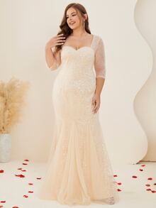 Plus Sweetheart Neck Mermaid Hem Lace Dress - Champagne - View 4