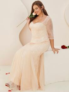 Plus Sweetheart Neck Mermaid Hem Lace Dress - Champagne - View 5