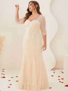 Plus Sweetheart Neck Mermaid Hem Lace Dress - Champagne - View 6