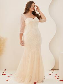 Plus Sweetheart Neck Mermaid Hem Lace Dress - Champagne - View 7