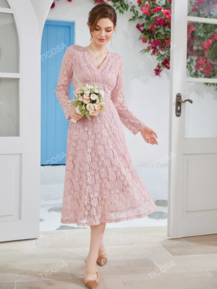 Surplice Neck Solid Lace Dress