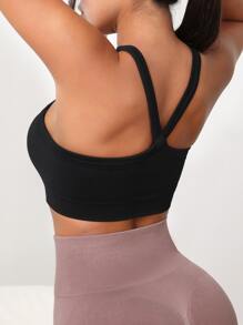 SHEIN Yoga Sxy Áo lót thể thao Nữ Hội Chữ thập màu trơn - màu đen - Xem 2