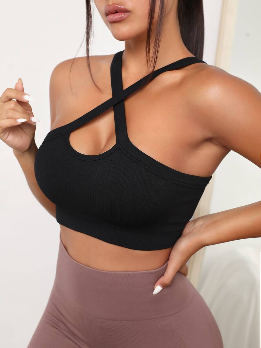 SHEIN Yoga Sxy Áo lót thể thao Nữ Hội Chữ thập màu trơn - màu đen - Xem 1