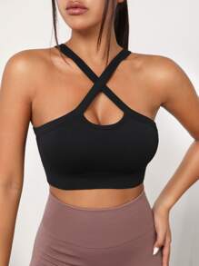 SHEIN Yoga Sxy Áo lót thể thao Nữ Hội Chữ thập màu trơn - màu đen - Xem 5