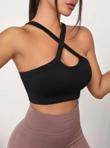 SHEIN Yoga Sxy Áo lót thể thao Nữ Hội Chữ thập màu trơn - màu đen - Xem 4