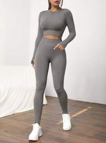 Hollow Out Thumb Hole Sports Set - Grey - View 4