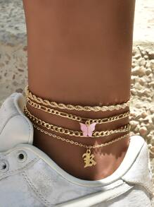 4pcs Butterfly & Letter Charm Anklet - Yellow Gold - View 1