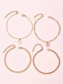 4pcs Butterfly & Letter Charm Anklet - Yellow Gold - View 2