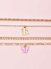 4pcs Butterfly & Letter Charm Anklet - Yellow Gold - View 3