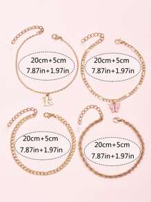 4pcs Butterfly & Letter Charm Anklet - Yellow Gold - View 4