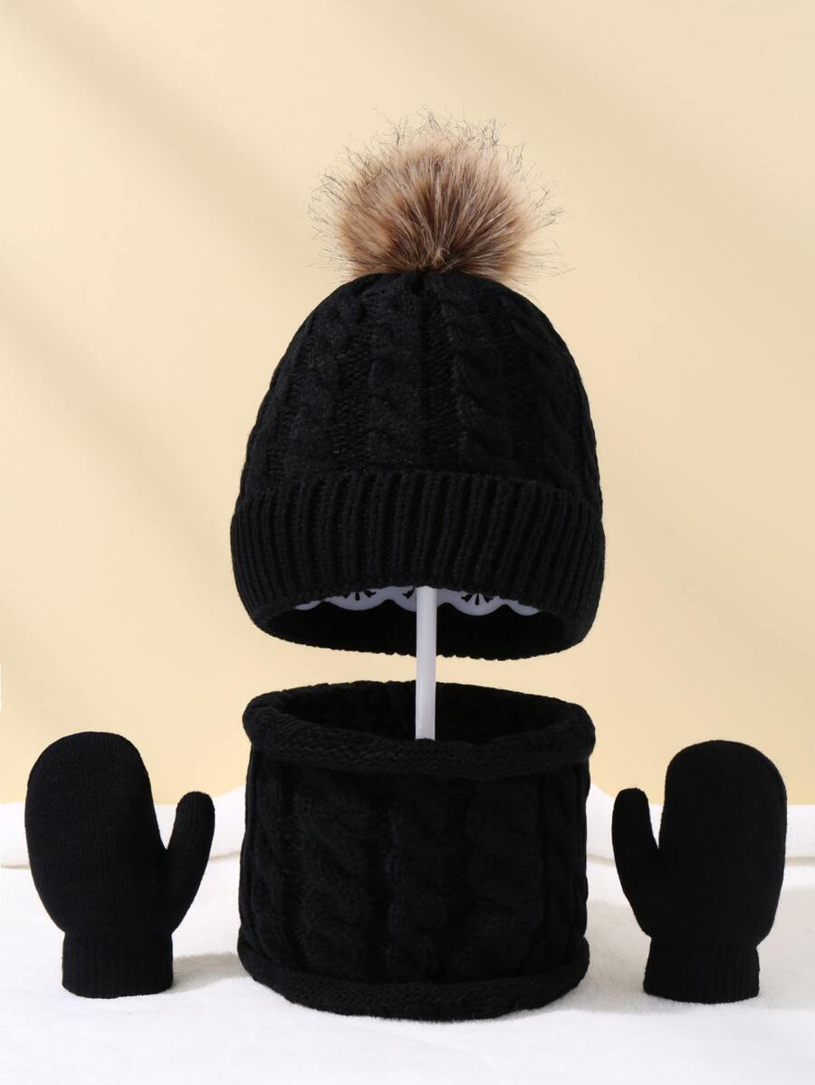 Baby Knitted 3pcs Set (hat, Scarf, Gloves) For Daily Warmth - Black - View 1