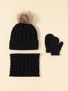 Baby Knitted 3pcs Set (hat, Scarf, Gloves) For Daily Warmth - Black - View 2