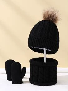 Baby Knitted 3pcs Set (hat, Scarf, Gloves) For Daily Warmth - Black - View 3