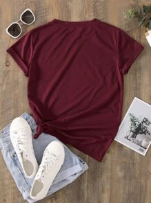 SHEIN LUNE Heart And Slogan Graphic Tee - Maroon - View 2