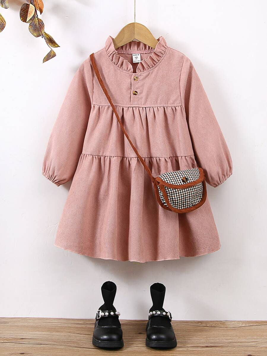 Đầm bé gái Nút viền lá sen màu trơn Dễ thương - Bụi hồng - Xem 1