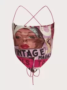 SHEIN ICON 90年代人物和字母圖案露背繫帶方巾吊帶短上衣 - 彩色 - 查看 1