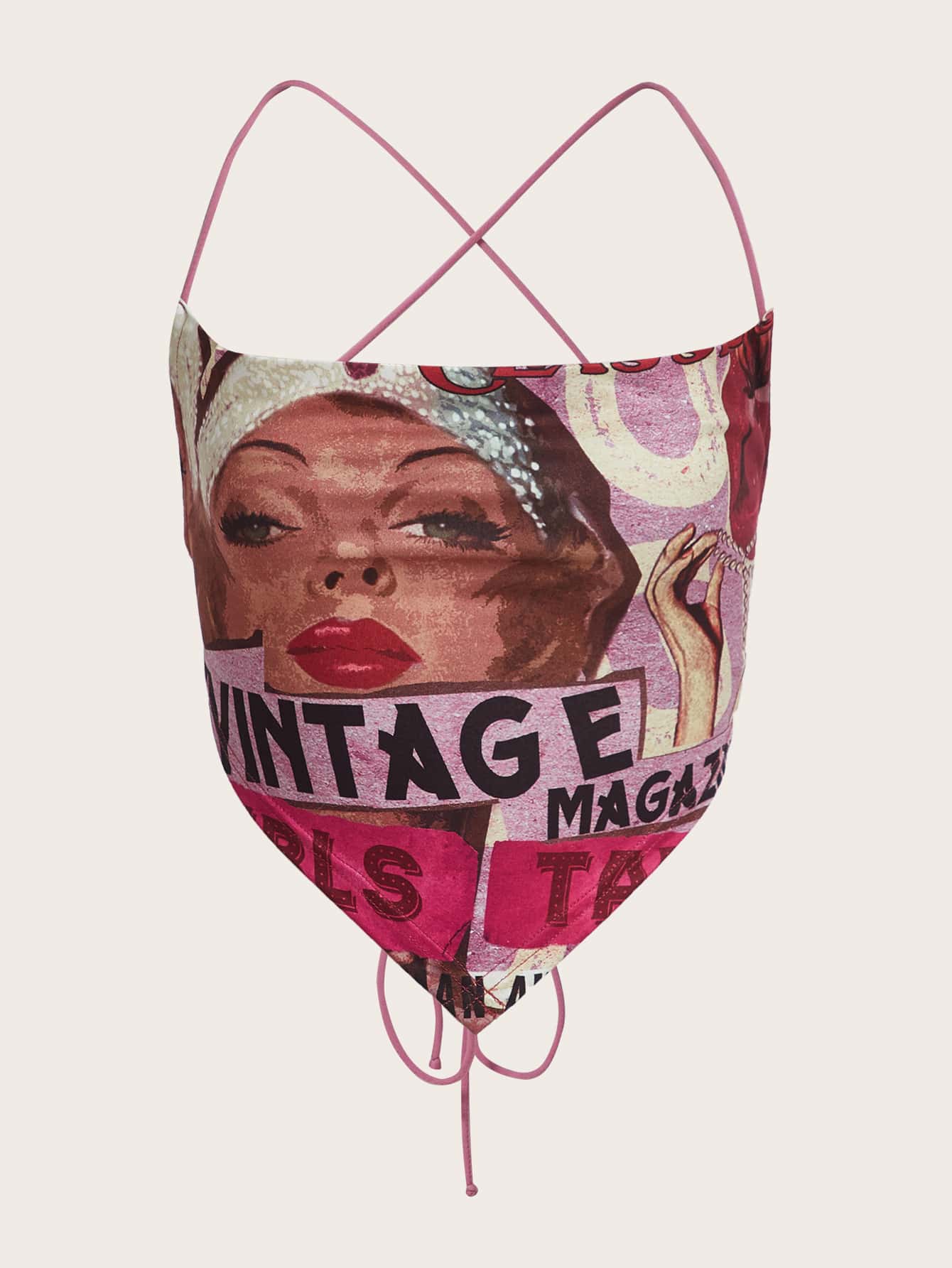 SHEIN ICON 90年代人物和字母圖案露背繫帶方巾吊帶短上衣 - 彩色 - 查看 1