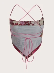 SHEIN ICON 90年代人物和字母圖案露背繫帶方巾吊帶短上衣 - 彩色 - 查看 2