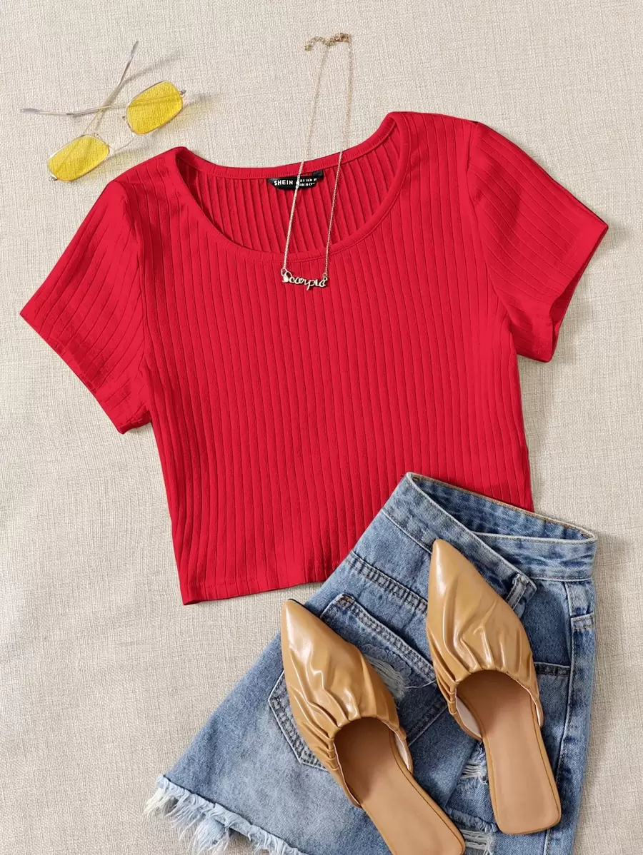 SHEIN EZwear Áo thun dệt kim trơn - Đỏ - Xem 1