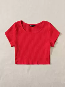 SHEIN EZwear Áo thun dệt kim trơn - Đỏ - Xem 3