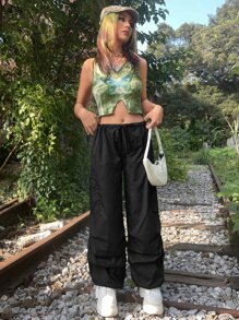 SHEIN ICON Gorpcore Grunge Solid Drawstring Waist Cargo Parachute Trousers - Black - View 3