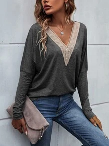 SHEIN LUNE Contrast Guipure Lace Dolman Sleeve Tee - Dark Grey - View 1