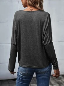 SHEIN LUNE Contrast Guipure Lace Dolman Sleeve Tee - Dark Grey - View 2