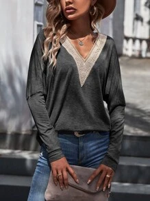 SHEIN LUNE Contrast Guipure Lace Dolman Sleeve Tee - Dark Grey - View 3