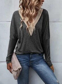 SHEIN LUNE Contrast Guipure Lace Dolman Sleeve Tee - Dark Grey - View 4