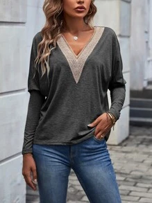 SHEIN LUNE Contrast Guipure Lace Dolman Sleeve Tee - Dark Grey - View 5