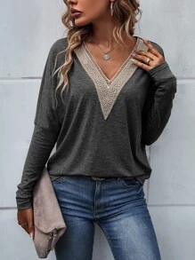 SHEIN LUNE Contrast Guipure Lace Dolman Sleeve Tee - Dark Grey - View 6