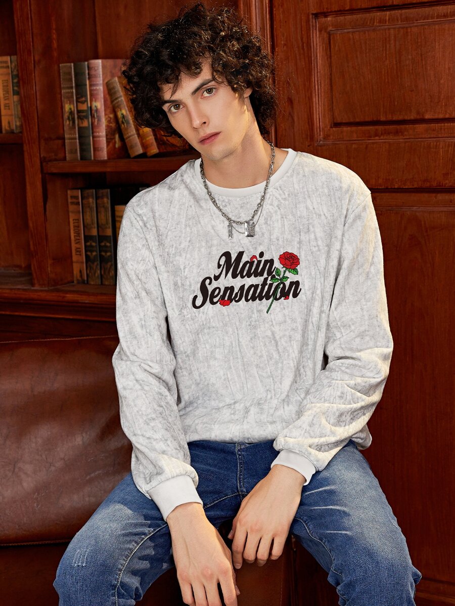 Men Letter & Floral Print Sweatshirt - Light Grey - View 1