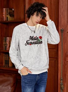 Men Letter & Floral Print Sweatshirt - Light Grey - View 3
